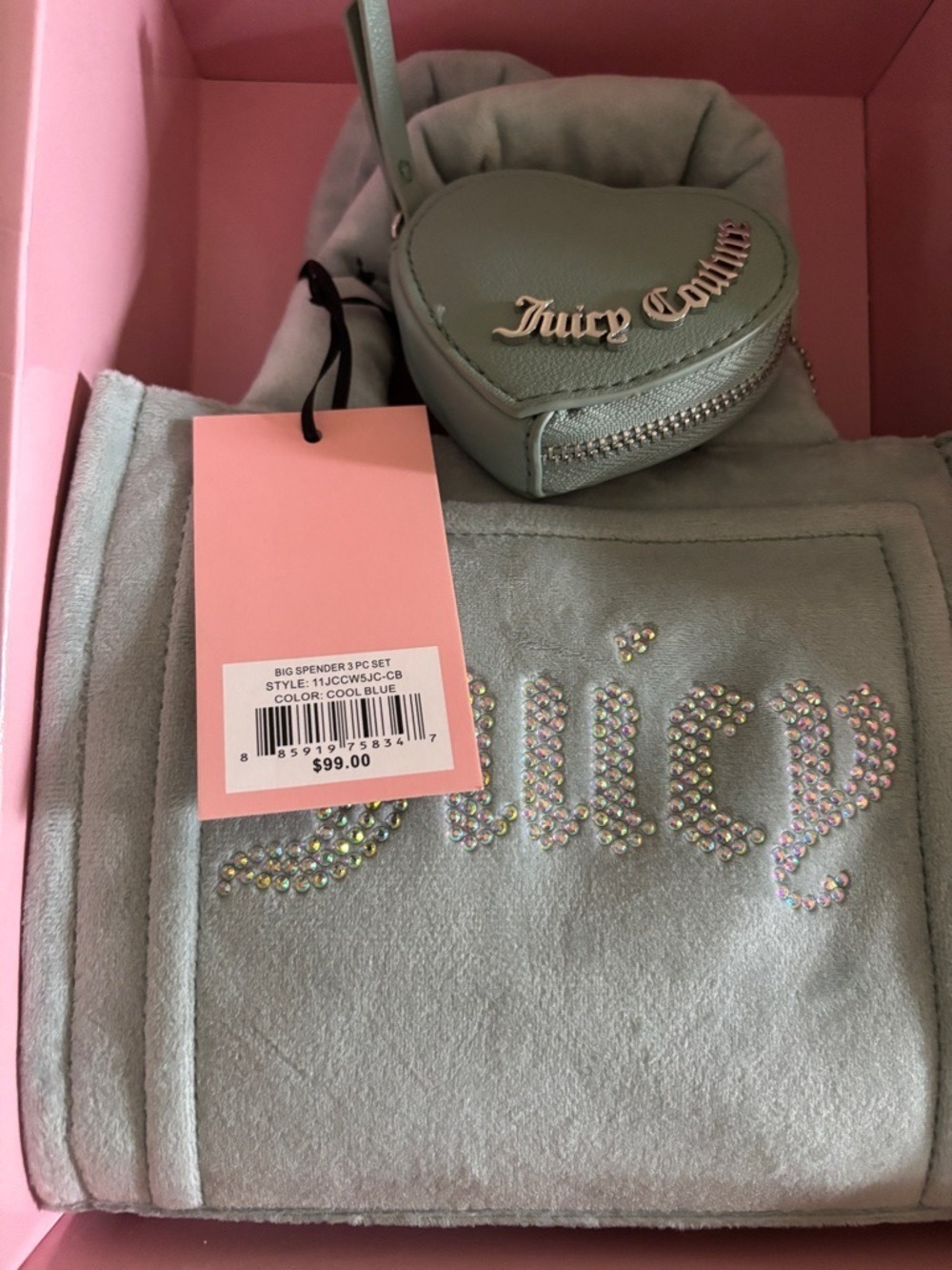 Juicy Couture Big Spender 3-PC –Velour Tote, Barrel Bag & Coin Purse – Cool Blue - Picture 2 of 8